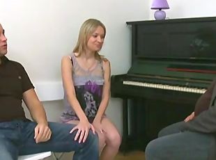 Old piano teacher fucks his teen student together with her boyfriend
