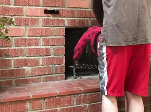 Stepmom stuck in the fireplace offers sex to her stepson to get free