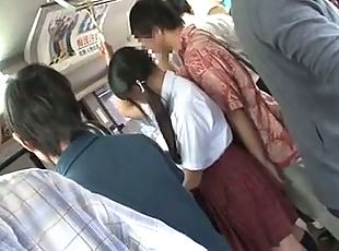 Young jap schoolgirl is seduced by old man in bus
